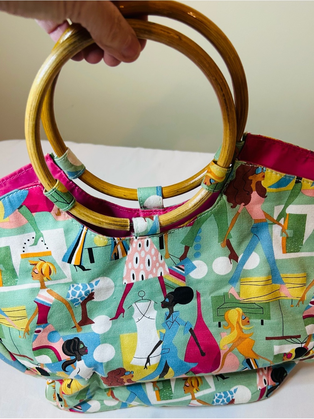 Neiman Marcus Multicolor Graphic Print Tote with Wooden Ring Handles - Picture 2 of 5